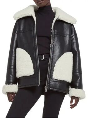 Apparis Black Faux Leather Bomber Jacket with White Shearling Trim